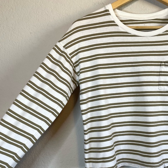 Everlane Long Sleeve Box Cut Pocket Tee Olive Green Tan Striped Shirt Size XS - Picture 4 of 10